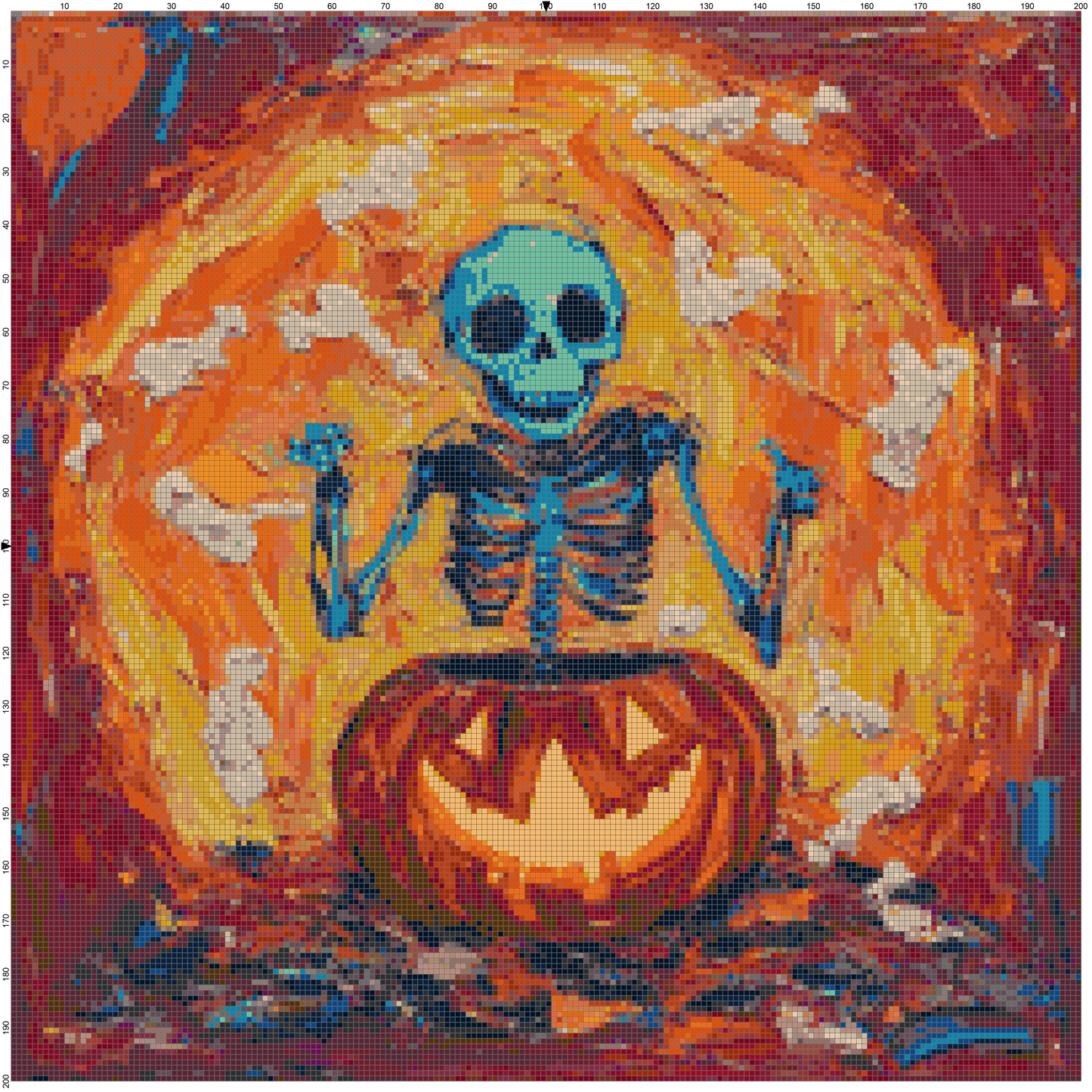 Colorful Halloween cross stitch chart — blue skeleton rising from jack-o’-lantern pumpkin with vibrant orange fire backgr