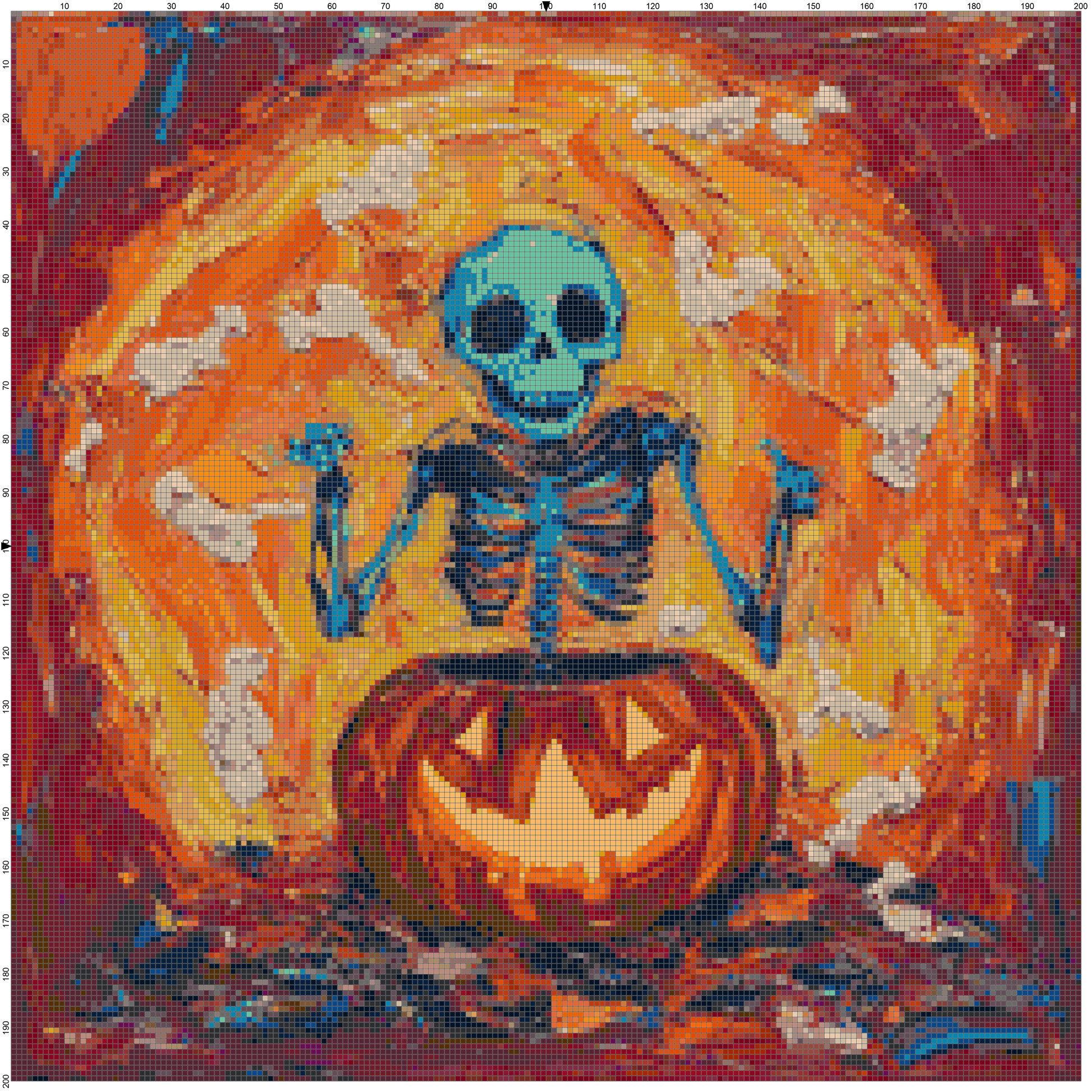 Colorful Halloween cross stitch chart — blue skeleton rising from jack-o’-lantern pumpkin with vibrant orange fire backgr