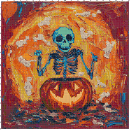 Colorful Halloween cross stitch chart — blue skeleton rising from jack-o’-lantern pumpkin with vibrant orange fire backgr