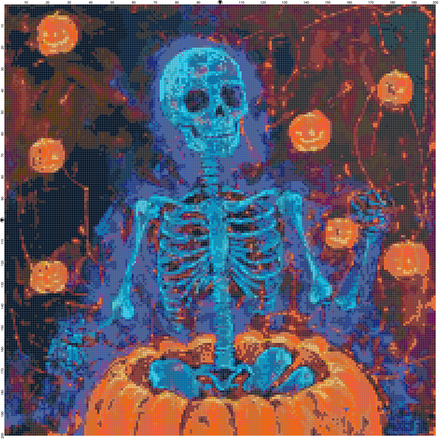 Magic Halloween cross stitch PDF bundle — ghost, skeleton, and spider pumpkin patterns for Halloween embroidery.