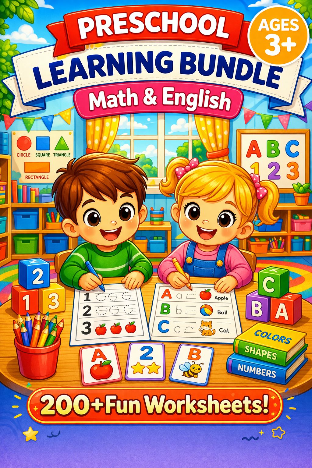 Preschool Learning Bundle - 230+ Colorful Worksheets | Math & English | Ages 3+